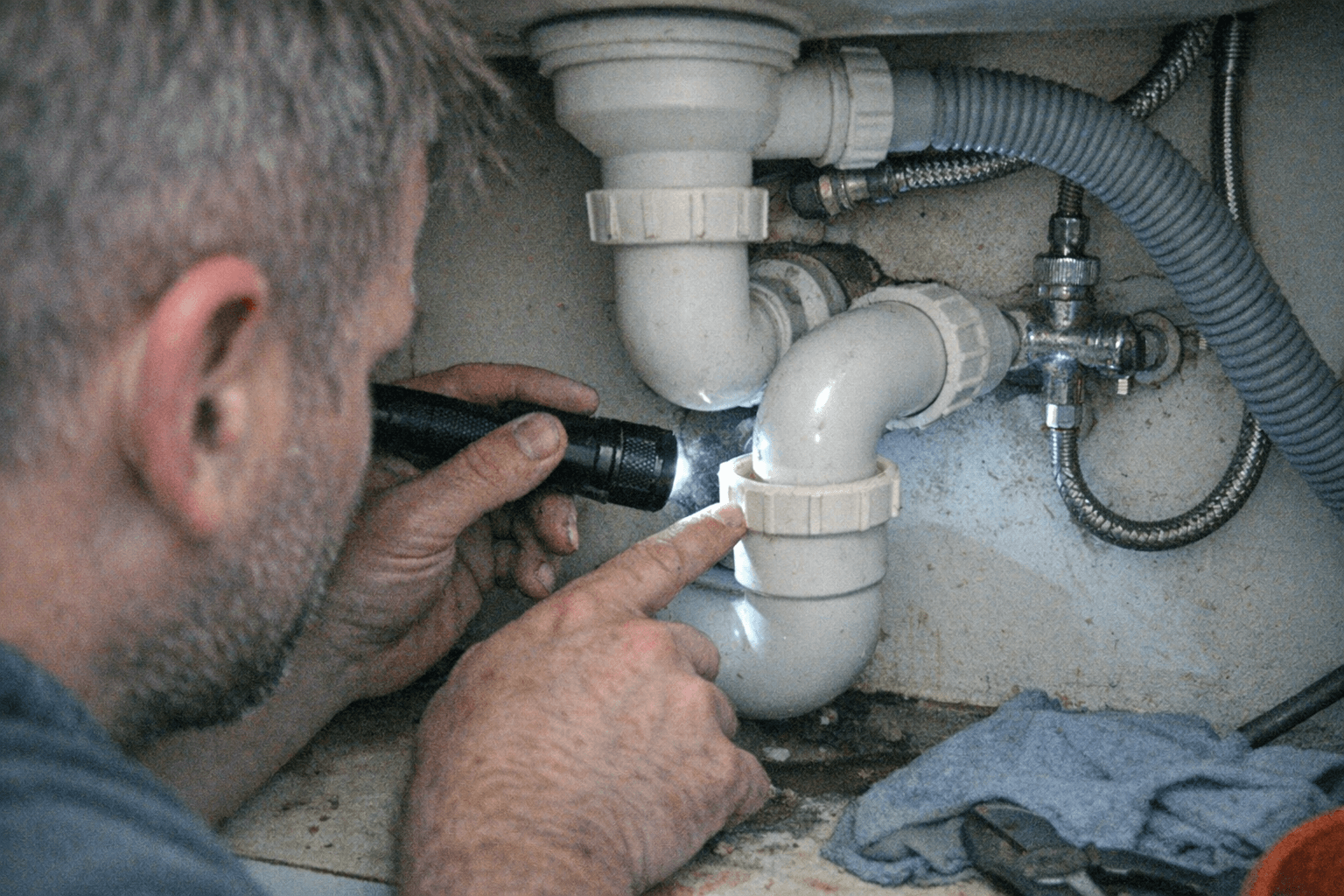 Techniker beobachtet Monitor der Rohrkamera im Treppenhaus