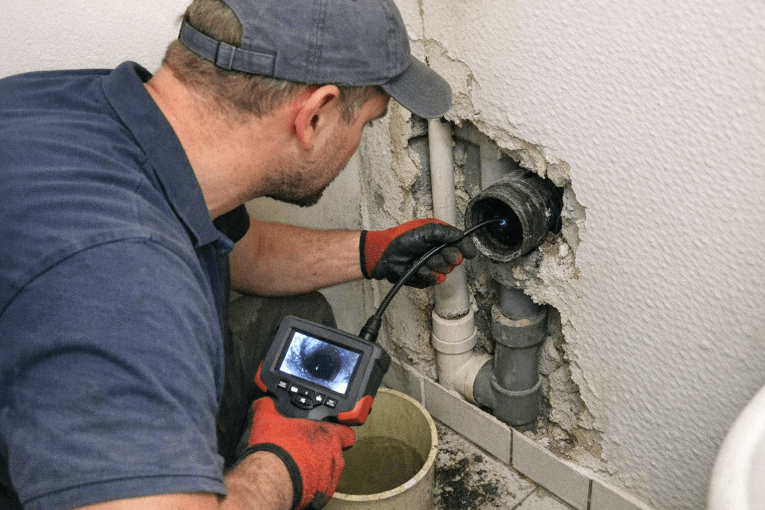 Kamerakopf wird in ein Rohr eingeführt durch eine Revisionsöffnung