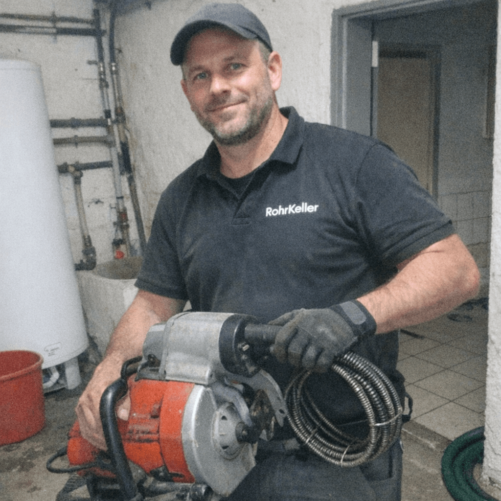 Techniker bei der Arbeit im Badezimmer mit einer Spiralmaschine neben einem WC