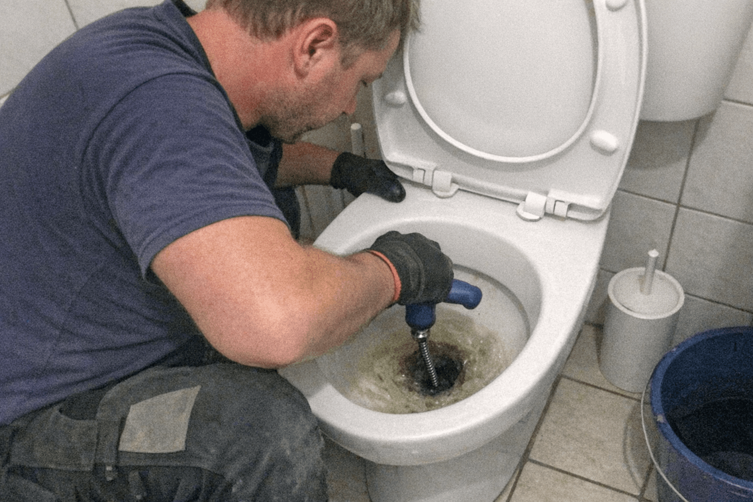 Techniker prüft den Abfluss am WC nach der Reinigung