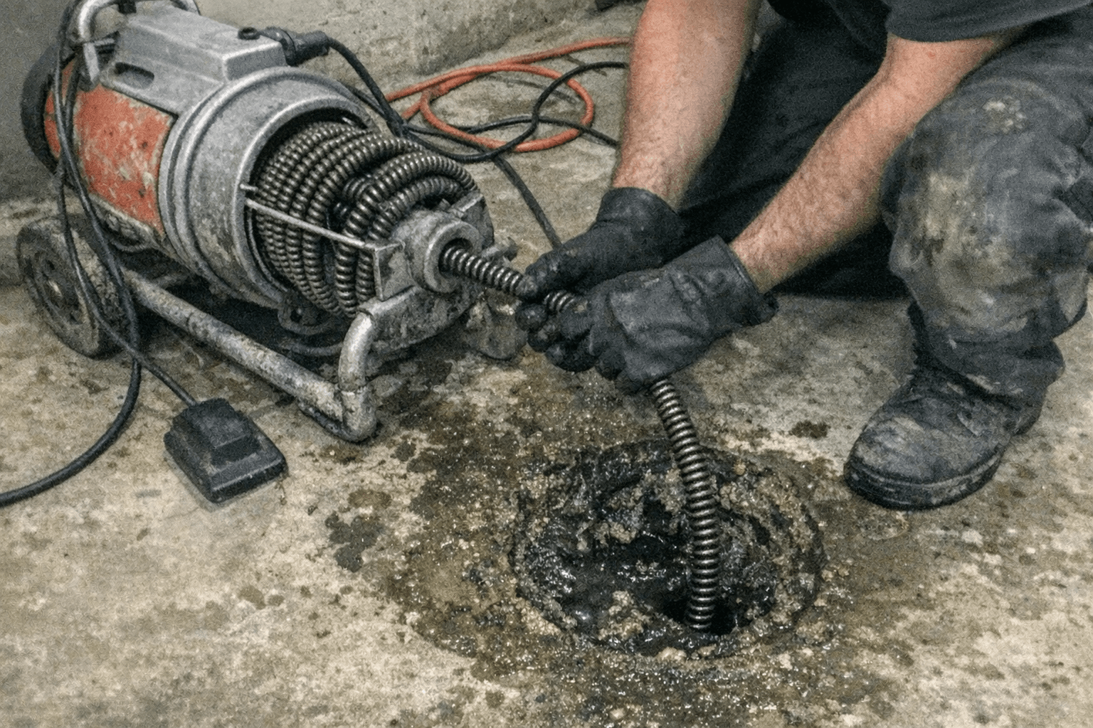 Spiralgerät und Werkzeugkoffer auf dem Boden neben einer offenen Leitung