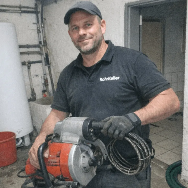 Professioneller Techniker mit Ausrüstung für Rohrreiniger WC im Einsatz